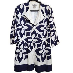 Zacharee Womens‎ Tropper Coat Size 10 Navy White Linen Cotton One Button Pockets